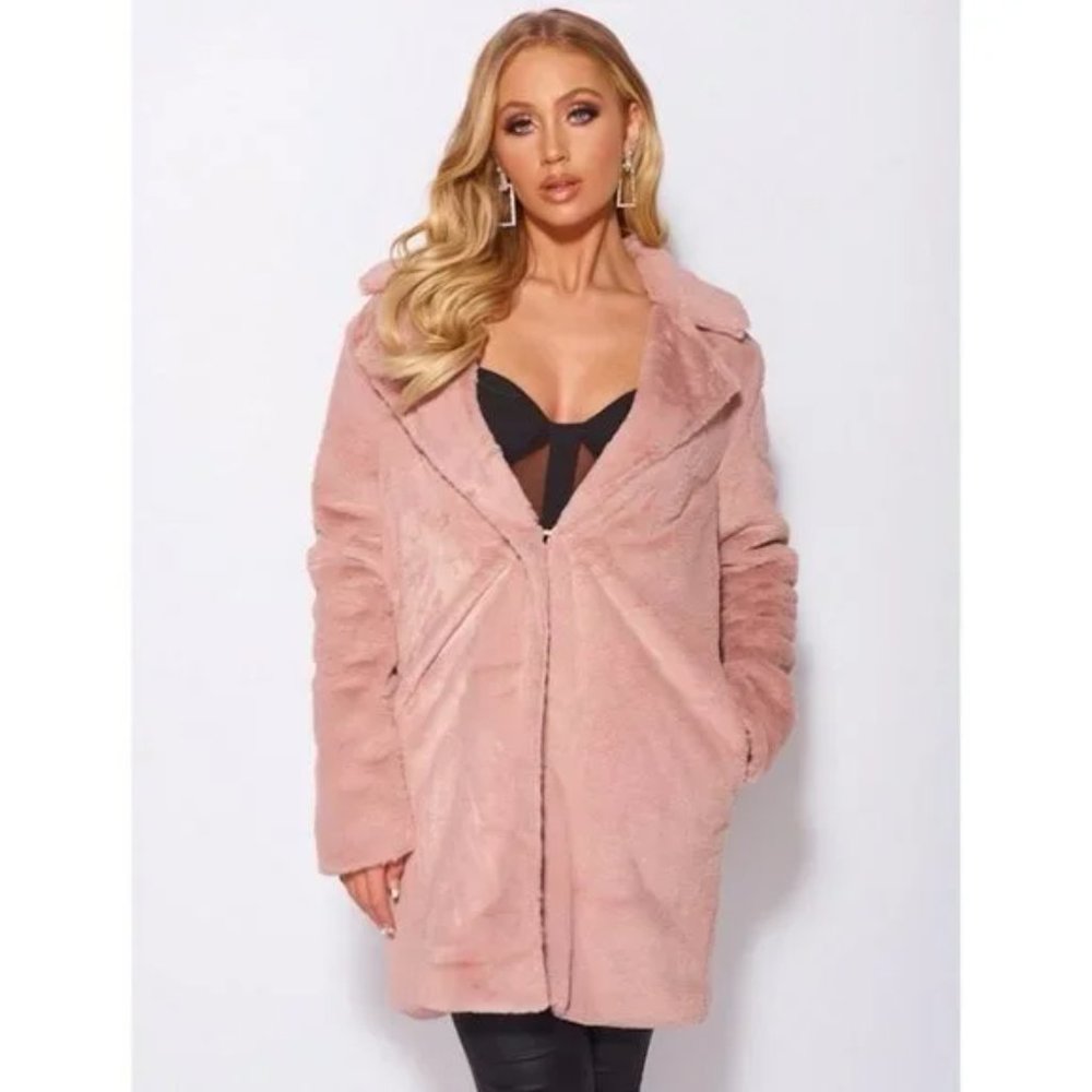 Pink Faux Fur Long Sleeve Lapel Collar Loose Fit Oversized Coat - Picture 4 of 17
